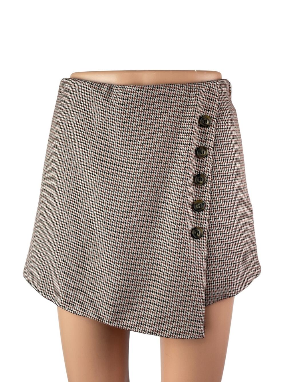 Women's Gray Houndstooth High Waisted Button Wrap Skort Skirt Shorts Size S